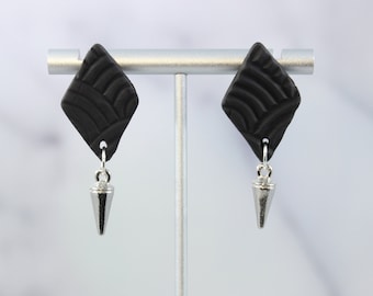 Patterned Black Polymer Clay Diamond Shaped Stainless Steel Stud Earrings with hanging Silver Spikes