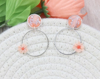 Cute Peach Pink Flower Silver Circle Hoop Charm Handmade Polymer Clay Stud Dangle Earrings