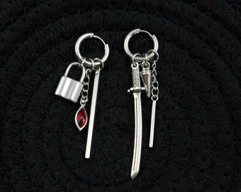 Unique Stainless Steel Unisex/Gender Neutral Hypoallergenic Small Hoop Sword Lock Red Crystal Bar Charm Earrings