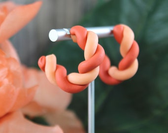 Peach Pink and Orange Twisted Polymer Clay Stainless Steel Hoop Earrings
