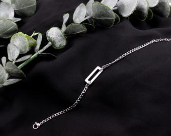 Rectangle Charm 3mm Stainless Steel Flat Curb Chain Bracelet