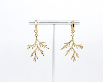 Gold Pine Branch Hoop Earrings