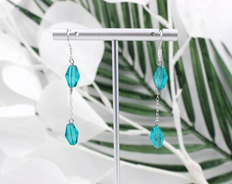 Teal Blue Green Faceted Glass Dangle Sterling Silver Earrings
