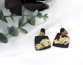 Abstract Matte Black Polymer Clay and Gold Foiled Stainless Steel Stud Dangle Earrings