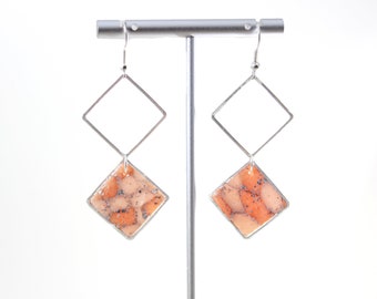 Silver Double Square Charm Peach Pink Semi-Translucent "Stained Glass" Lightweight Handmade Polymer Clay Earrings