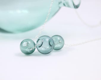 Triple Teal Hollow Glass Bauble Bead Sterling Silver Necklace