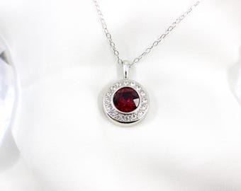 Ruby Red Crystal Pave Surround Sterling Silver Chain Necklace made with Swarovski Crystals