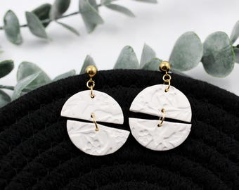 Floral Patterned White Abstract Polymer Clay Dangle Gold Stud Earrings