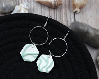 Silver Circle Hoop Charm with Hanging White Hexagon with Mint Aqua Details Polymer Clay Earrings