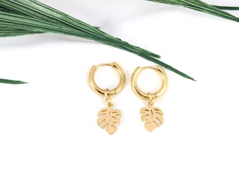 Gold Stainless Steel Monstera Leaf Hoop Earrings