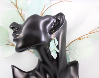 Mint Light Green Glass Falling Petal Gold Earrings