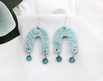 Aqua Blue Arch Handmade Polymer Clay Dangle Earrings with Swarovski Crystal Accents