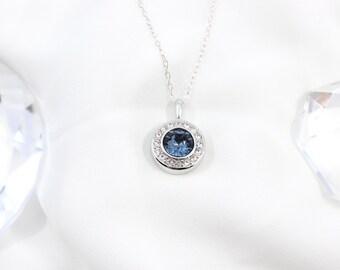 Denim Blue Crystal Pave Surround Sterling Silver Chain Necklace made with Swarovski Crystals