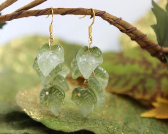 Sage Green Leaf Glass Gold Plated Sterling Silver Dangle Earrings