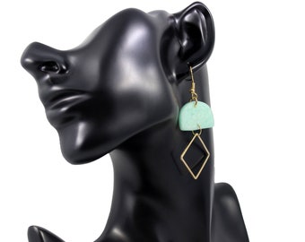 Abstract Aqua Polymer Clay and Gold Charm Dangle Earrings made with 18k Gold Plated 925 Sterling Silver earring hooks