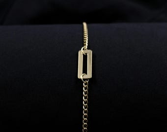 Rectangle Charm 3mm Gold Stainless Steel Flat Curb Chain Bracelet