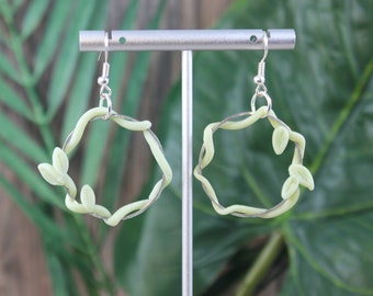 Dangling Silver Hoop Circle Charm with Polymer Clay Twisted Vines and Leaf Detail Earrings