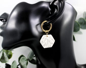 Floral Patterned White Hexagonal Polymer Clay Dangle Gold Hoop Earrings