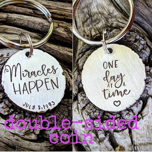 Personalized hand stamped sobriety coin keychain. Custom sober birthday gift. Recovery anniversary keychain. Addiction recovery. AA gifts.