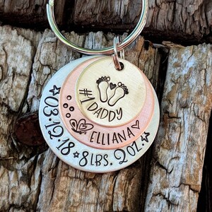 Personalized hand stamped new baby keychain. First fathers day gift. New daddy gift. Number 1 daddy. New father keychain. Gift for husband image 4