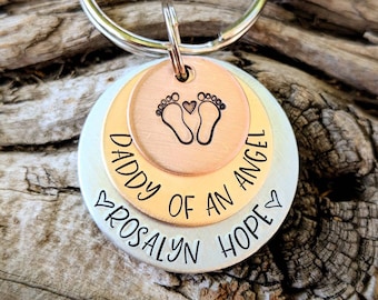 Personalized hand stamped keychain. Daddy of an angel gift. Infant loss memorial gift. Sympathy gift. Stillbirth gift. Miscarriage gift.