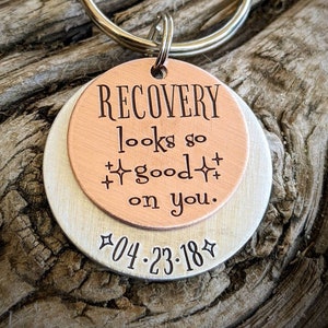 Personalized hand stamped sobriety keychain. Addiction recovery anniversary gifts Alcoholics anonymous AA coin Custom na gifts. 1 year sober