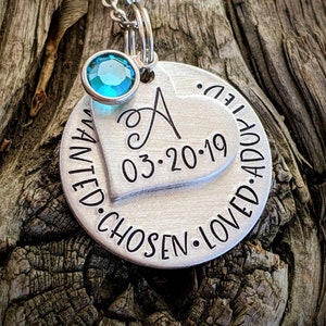 Personalized hand stamped adoption necklace. Gift for adopted child. Adoption day jewelry. Blended family gifts. Adoption gifts.
