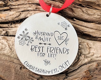 Personalized Christmas ornament. Hand stamped tree ornament. Custom ornament. Custom wedding gifts. First anniversary gift. First Christmas