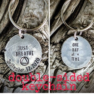 Personalized hand stamped sobriety keychain. Custom sober birthday gift. Recovery anniversary keychain. Addiction recovery gifts. AA NA