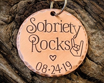 Personalized hand stamped sobriety keychain. Recovery anniversary gifts. Gift for 1 year sober. 2 years sober present. Alcoholics anonymous.