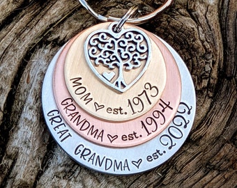 Personalized hand stamped great grandma keychain. Custom great grandmother gift. Pregnancy announcement for Nana. Mothers day present