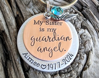 Personalized hand stamped sister memorial keychain. Gift for loss of sister. Sibling loss memorial gifts. Sister of an angel keepsake