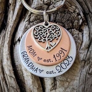 Personalized hand stamped grandmas keychain. Mothers day gifts for grandmother. First time grandma gifts. Custom pregnancy announcement. image 1