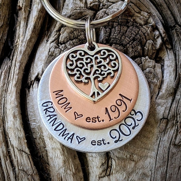 Personalized hand stamped grandmas keychain. Mothers day gifts for grandmother. First time grandma gifts. Custom pregnancy announcement.
