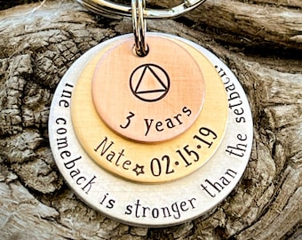 Personalized hand stamped sobriety keychain. Sober anniversary gifts. Recovery present. Custom sobriety coin. 1 year sober gift. 2 years
