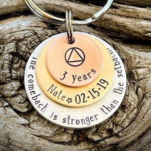 Personalized hand stamped sobriety keychain. Sober anniversary gifts. Recovery present. Custom sobriety coin. 1 year sober gift. 2 years