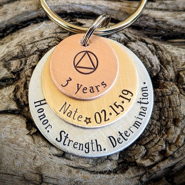 Personalized hand stamped sobriety keychain. 1 year sober gift. 2 years sobriety gifts. Alcoholics anonymous AA keychain. NA gifts.