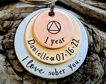 Personalized hand stamped sobriety keychain. Sober anniversary gifts. Recovery present. Custom sobriety coin. 1 year sober gift. 2 years