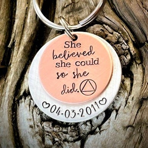 Personalized hand stamped sobriety keychain. Custom sober birthday gift. Recovery anniversary keychain. Addiction recovery gifts. AA NA gift