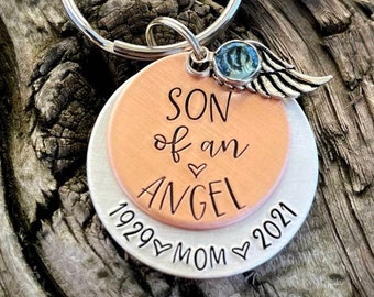 Llavero conmemorativo personalizado con sello a mano. Regalo por la pérdida de una madre. Hijo de un ángel. Regalo conmemorativo para una madre. Regalo por la pérdida de un padre. Regalo de condolencias.