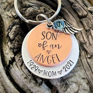 Personalized hand stamped memorial keychain. Loss of mom gift. Son of an angel. Mother memorial gift. Loss of parent gift. Sympathy gift.