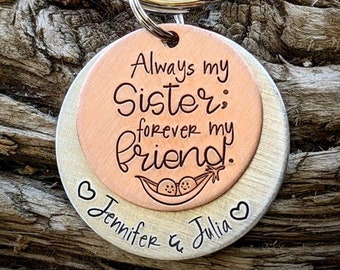 Könnte beinhalten: Ein Schlüsselanhänger aus Silber und Kupfer mit dem Text "Always my Sister, forever my friend!" und einem Erbsenhülsen-Design. Die Unterseite des Schlüsselanhängers trägt den Text "Jennifer & Julia" mit einem Herz auf jeder Seite.