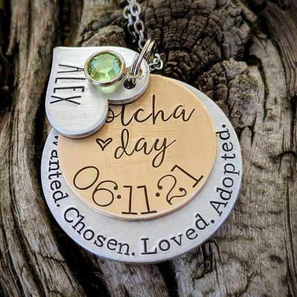 Personalized hand stamped adoption necklace. Custom Gotcha day jewelry. Blended family gifts. New mom gift. Mothers day gift. Adopted gift.