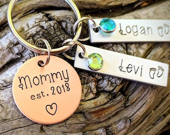 Personalized mom keychain. Hand stamped mothers day gift. Gift from kids. Custom gift for wife. First mothers day keychain. Custom birthday