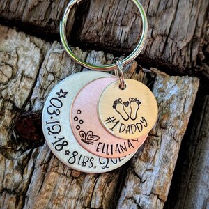 Personalized hand stamped new baby keychain. First fathers day gift. New daddy gift. Number 1 daddy. New father keychain. Gift for husband image 7