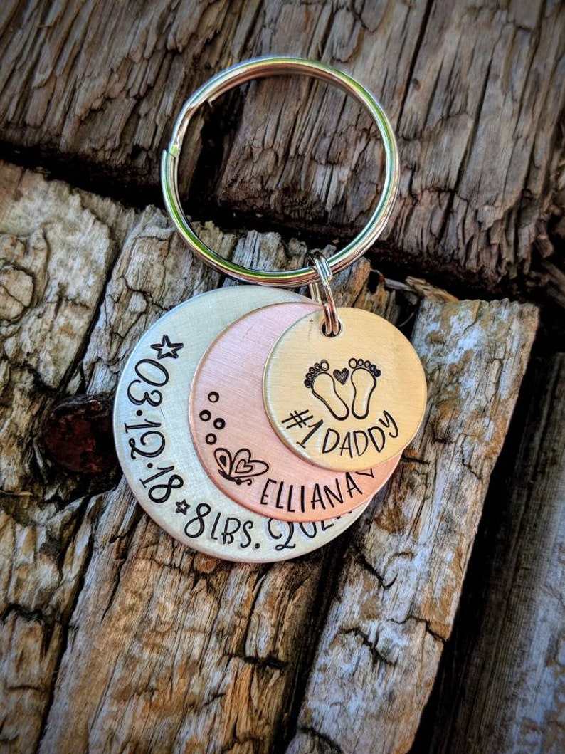 Personalized hand stamped new baby keychain. First fathers day gift. New daddy gift. Number 1 daddy. New father keychain. Gift for husband image 7