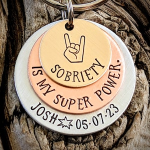 Personalized hand stamped sobriety keychain. Addiction recovery anniversary presents. Sober birthday gift. Alcoholics anonymous AA coin