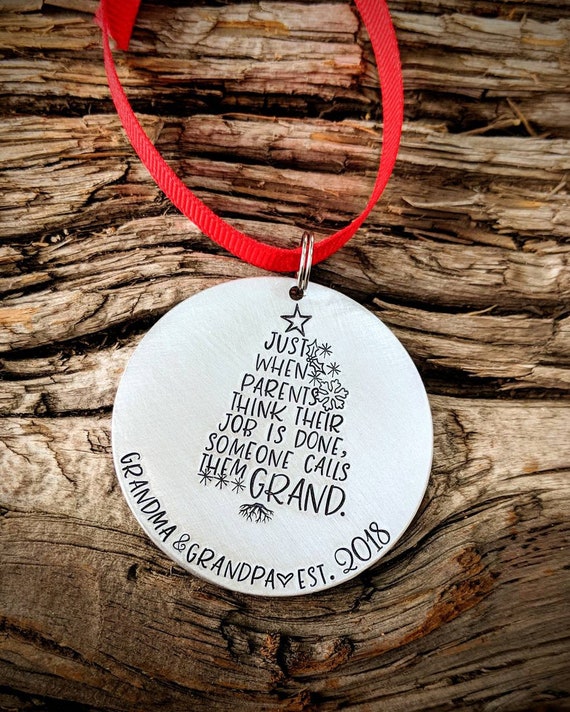 Personalized ornament. Hand stamped Christmas tree ornament. New grandparents gift. Gift for new grandma. First time grandpa gift.