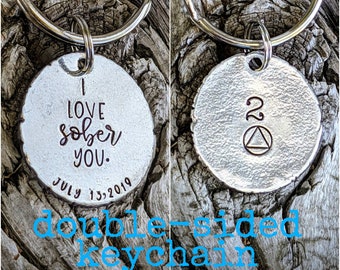 Hand stamped personalized sobriety coin. Annual sober chip. 1 year sober gift. Recovery anniversary gifts. Alcoholics anonymous AA keychain