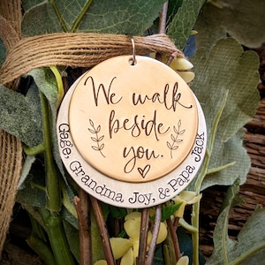 Personalized hand stamped wedding bouquet charm. Custom bridal bouquet charm. Custom bridal jewelry. Gold color memorial for bouquet.